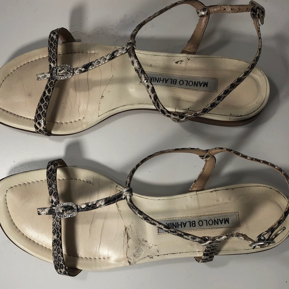 Manolo Blahnik Handmade in Italy. Leather Animal Print Flats Sandals, Size 7 (US - Picture 4 of 14